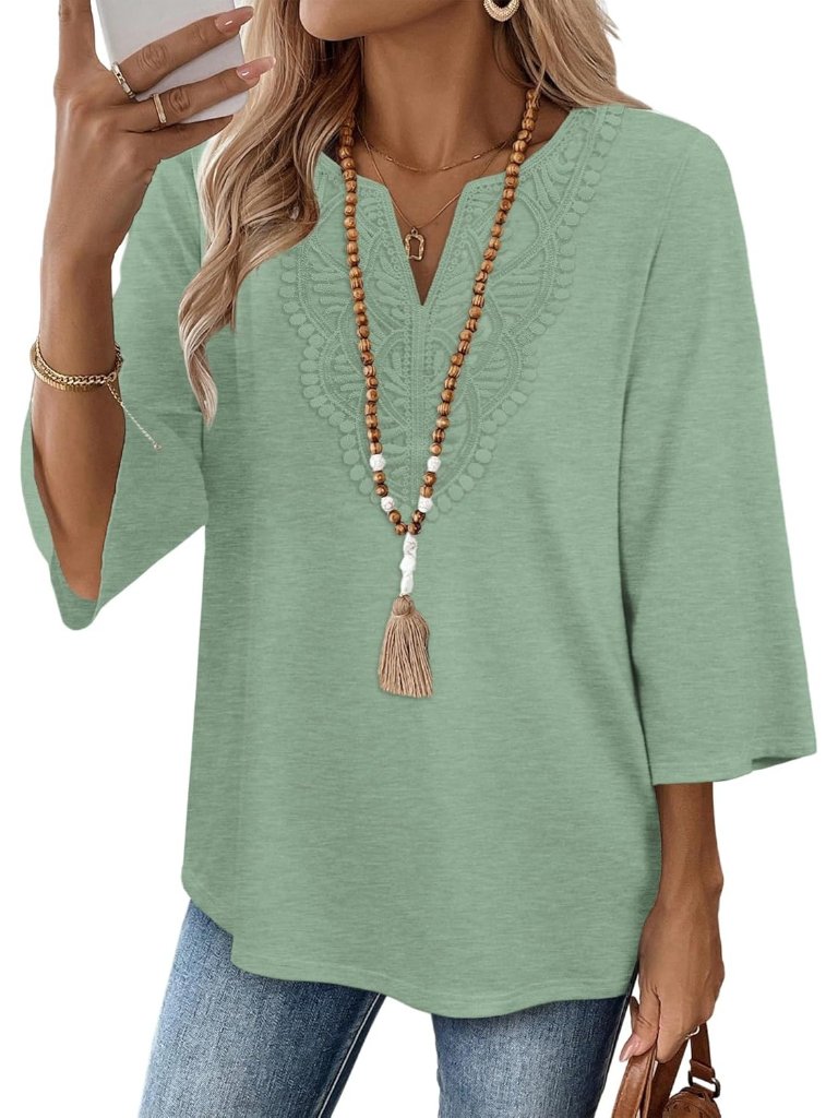 Women's Tops Mint Green 3/4 Length Sleeves V Neck Lace Casual Vacation Clothes